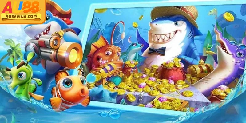 Giao diện game bắn cá thần tài với nhiều sinh vật biển và hiệu ứng đồ họa sống động