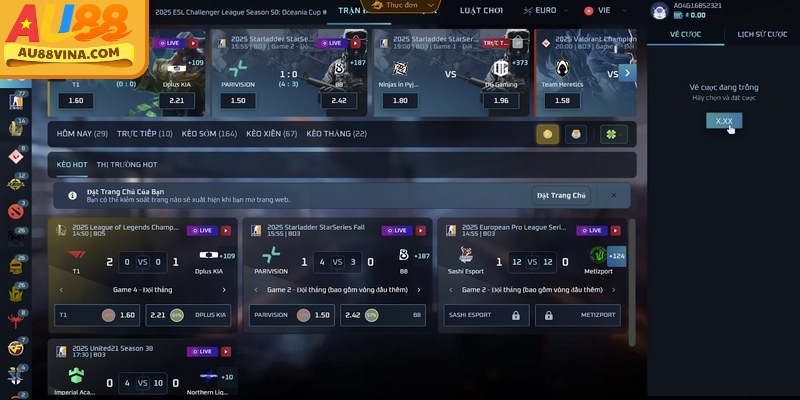 Lý do nên cá cược Esport tại Au88: tỷ lệ kèo cạnh tranh, nhiều kèo phụ hấp dẫn và công cụ thống kê hỗ trợ phân tích
