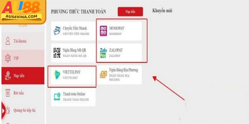Các phương thức nạp tiền phổ biến đang được hỗ trợ tại Au88