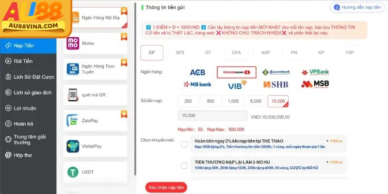 Hướng dẫn các bước nạp tiền Au88 chi tiết và dễ hiểu cho người mới