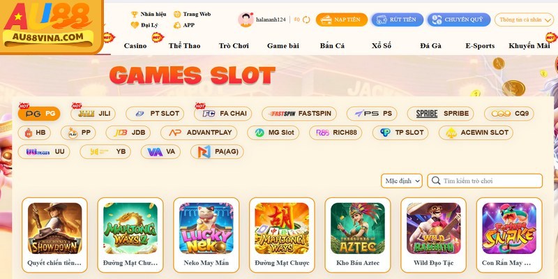 Sảnh nổ hũ Au88 với giao diện hiện đại và nhiều trò chơi quay hũ đổi thưởng hấp dẫn