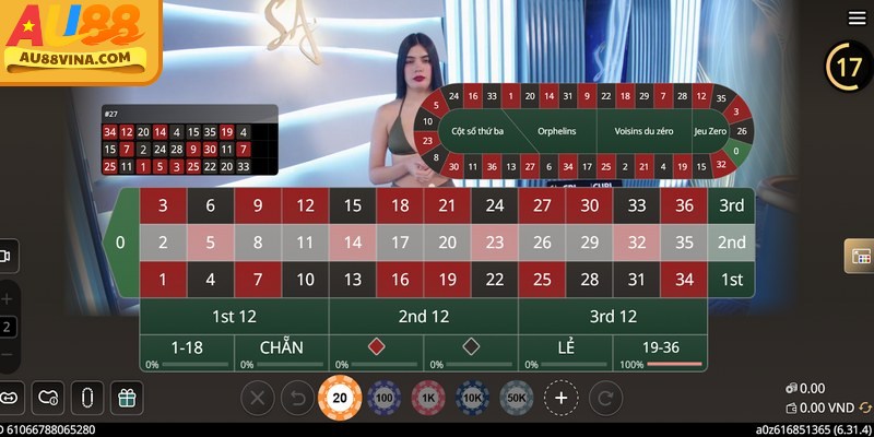 Bánh xe Roulette Au88 với các ô số từ 0 đến 36 được phân bổ theo màu đỏ và đen