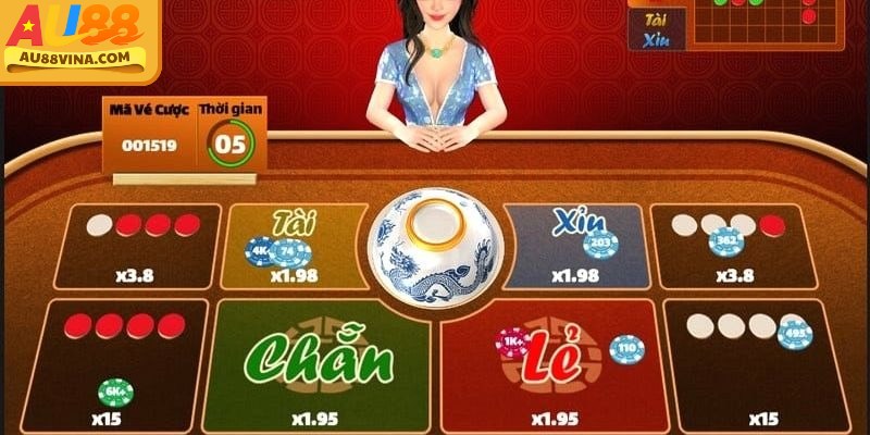 Mô phỏng bàn xóc đĩa online với bát úp và bốn quân vị đỏ trắng trong quá trình xóc